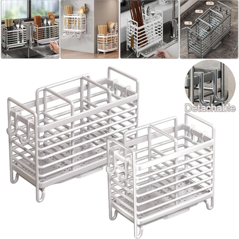 

Multi-functional Kitchen Countertop Storage Rack Spoon Chopstick Storage with Drainage Tray Easy-Clean Kitchen Utensil Для Кухни