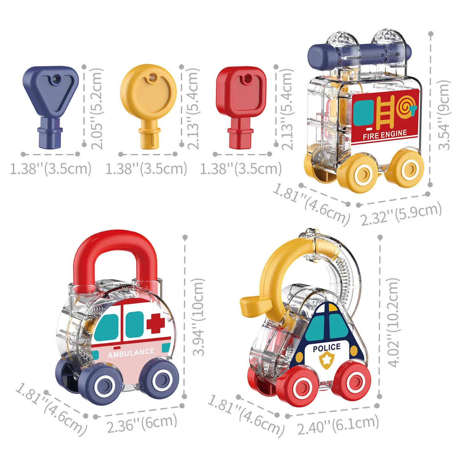 Toddler Key Matching Unlock Car Set, Transparent Police Fire Ambulance Emergency Vehicles, Fine Motor Educational Toy for 3+ Kid - view 4