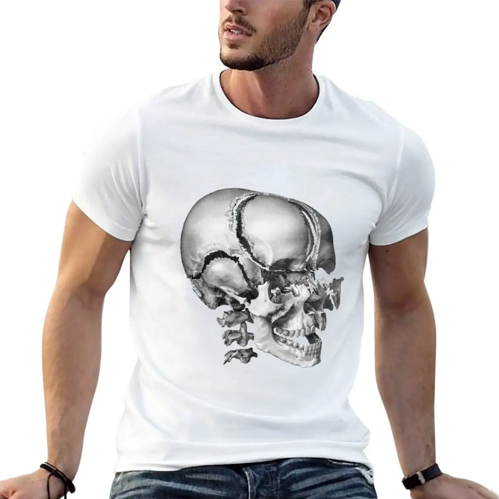 Fragmented Human Skull - Vintage Anatomy Print T-Shirt plain t-shirt kawaii clothes mens workout shirts