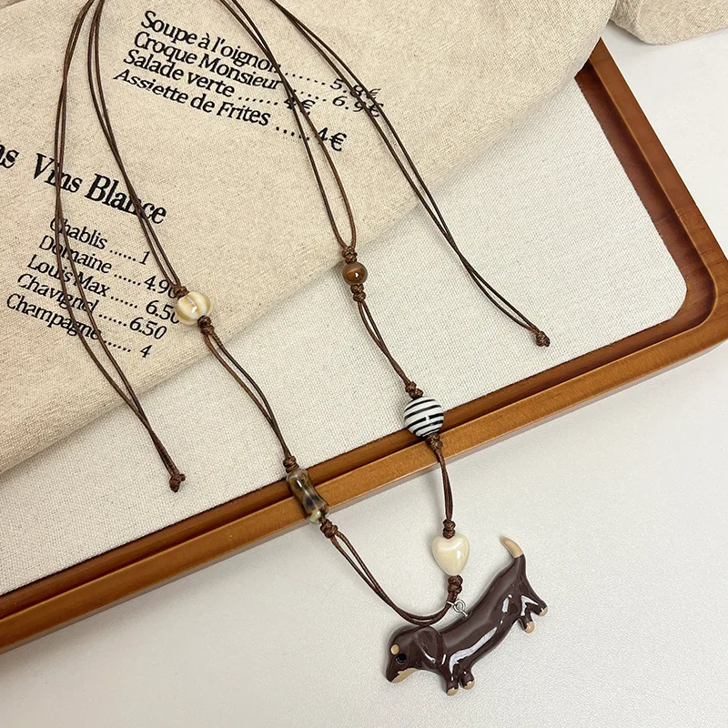 

Cartoon Ceramic Sausage Dog Neck Necklace Cute Retro Dog Hoodie Chain Long Sweater Chain Wear Accessories