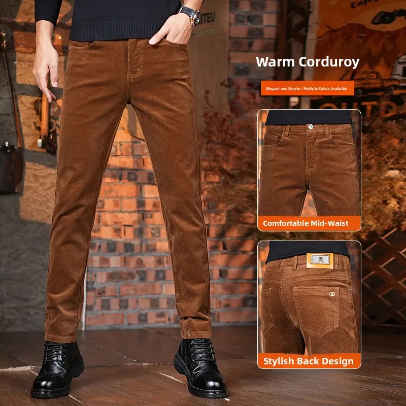 

Men's Autumn Winter Corduroy Casual Pants Slim Fit Elastic Warm Plaid Trousers Faionable Ci Sle Small Footwear