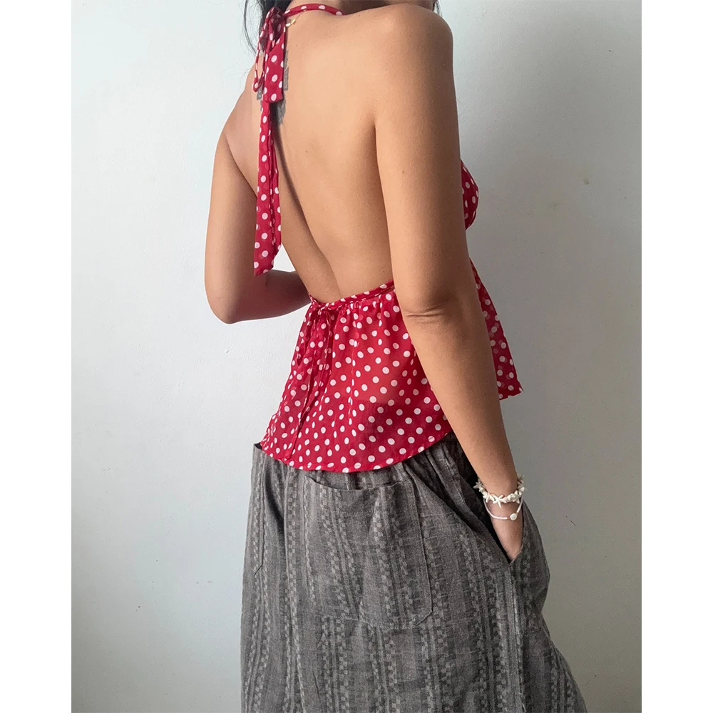 

Женские летние укороченные топы с принтом в горошек, сексуальные топы без рукавов с открытой спиной и лямкой на шее, струящийся подол, жилет на выход, майки