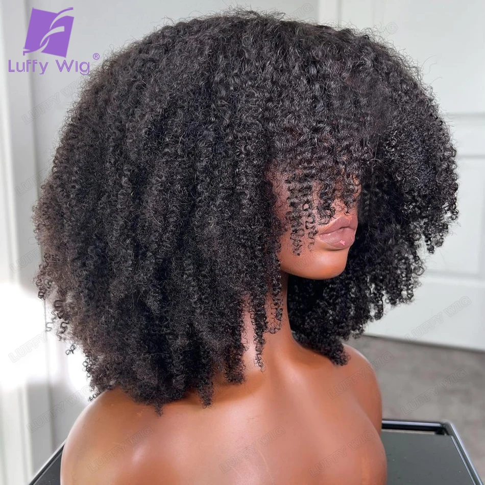 Kort Krullend Menselijk Haar Pruiken Met Pony Braziliaanse Afro Kinky Krullend Pruik Hoofdhuid Basis Top Volledige Machine Gemaakt Pruik Met pony Voor Vrouwen