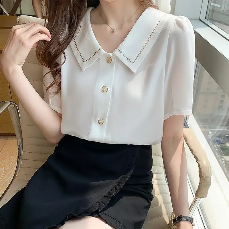 Coreano Femme Top Donna elegante Camicetta con colletto rovesciato Donna Estate Solid White Chic Camicetta Manica corta T-shirt in chiffon S48