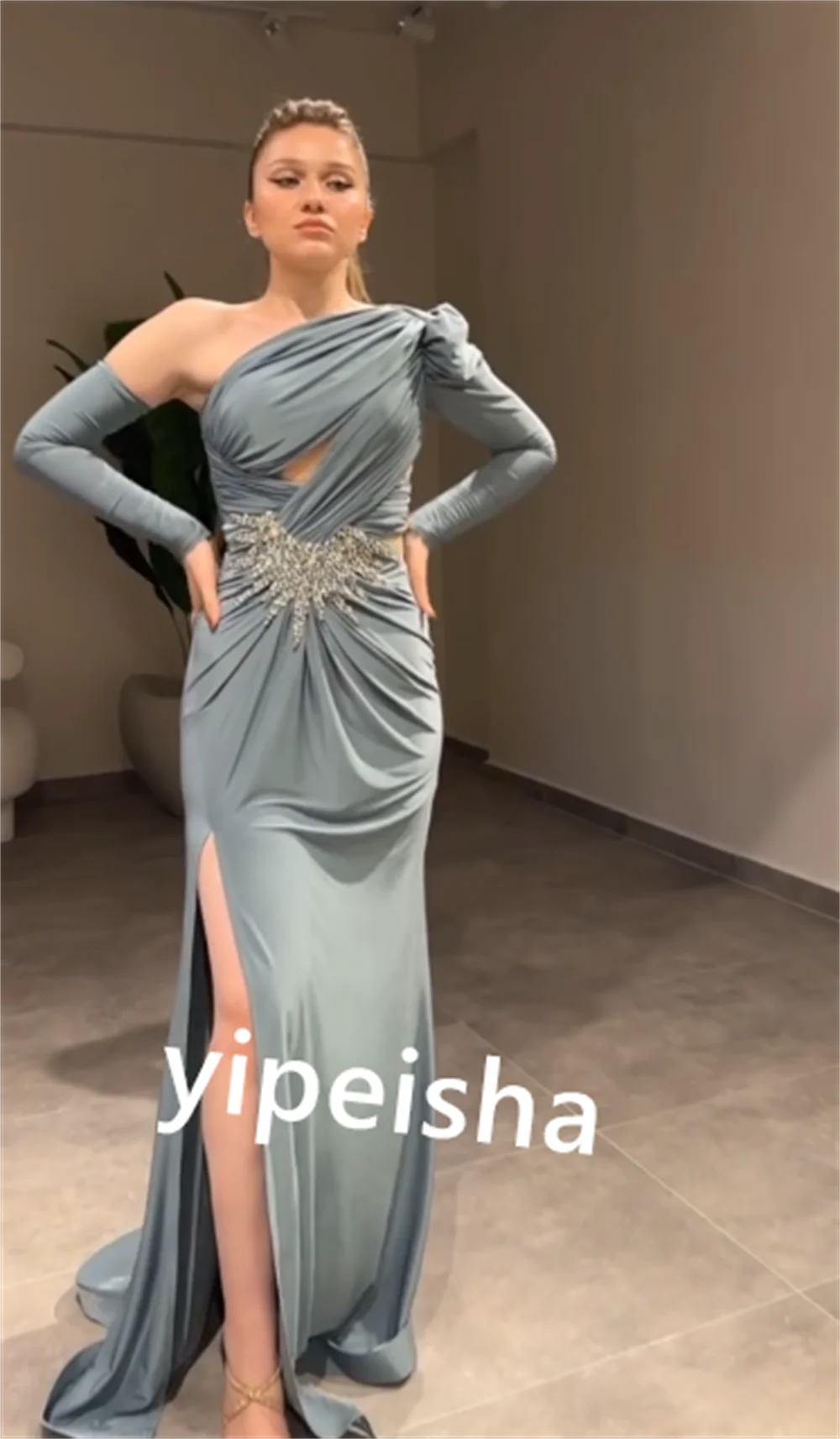 Robe de soirée plissée en jersey avec appliques, robe mi-longue sur mesure, gaine à épaules dénudées, occasion formelle