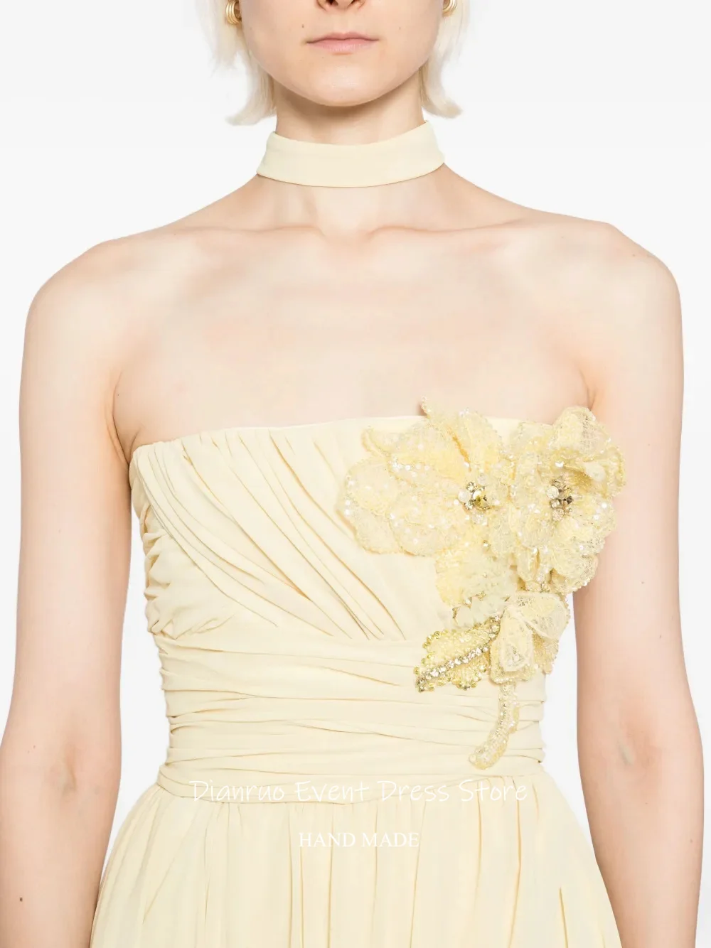 Dianruo رشيقة ثلاثية الأبعاد الزهور فستان سهرة بدون حمالات ألف خط فساتين الشيفون للنساء أشرطة Ruched فساتين حفلات 2025 مخصص