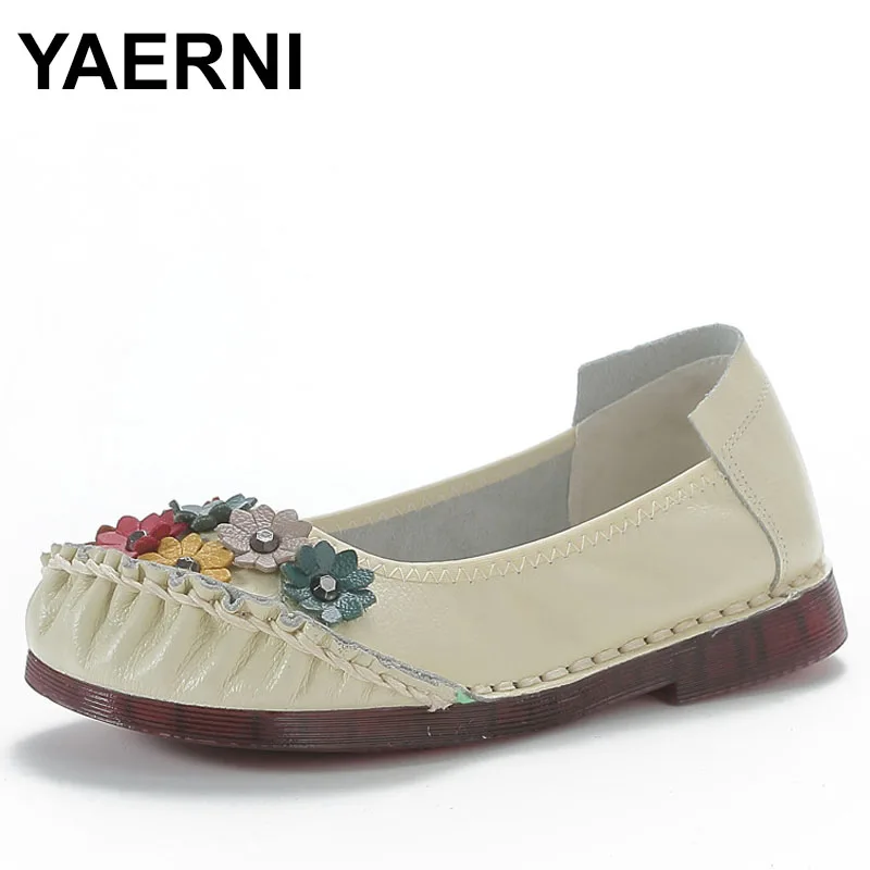 

Ethnic Style Classic Flowers Spell Color Ladies Genuine Leather Shoes Trendy Flats Comfort Soft Soles Women Shoes