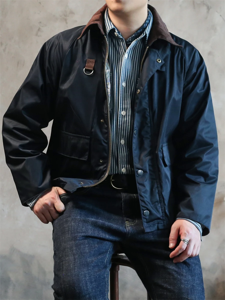 

ort Oil Wax Jaet Coat American Retro Fiing Outerwear Spring Autumn ex Stand Fit Long Sve Flip Collar Coat