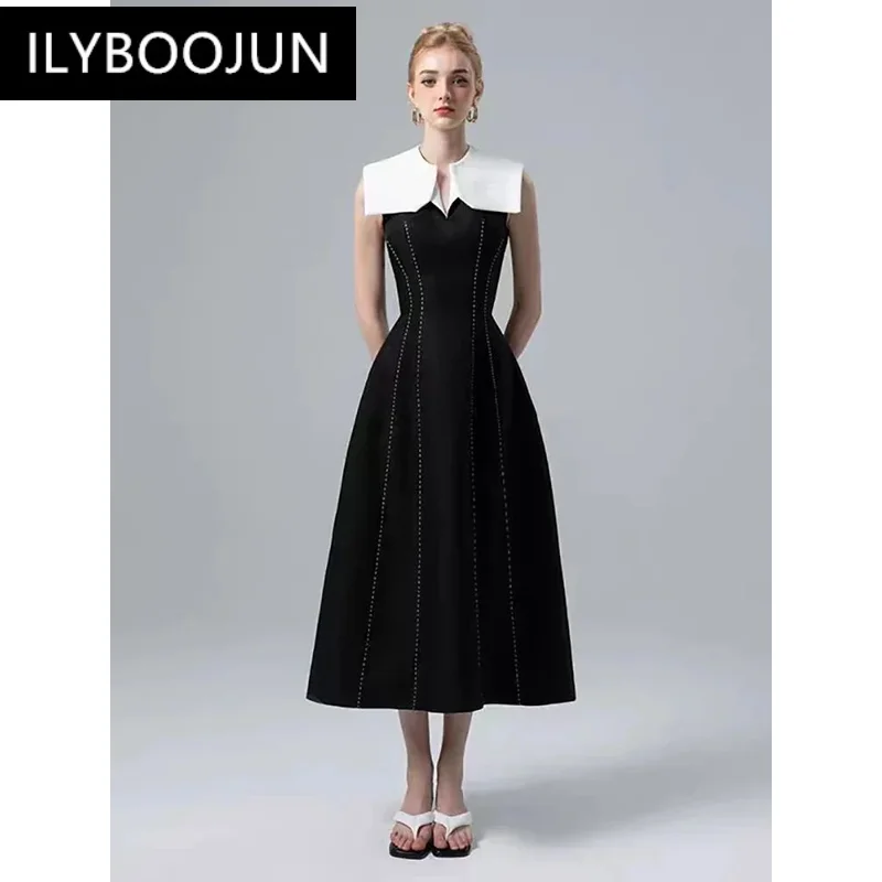 

DEAT Elegant Dress Bright Lines Collar Contrast Color Sleeveless Waist Women's Evening Dress 2025 Spring New Fashion 13DB3318
