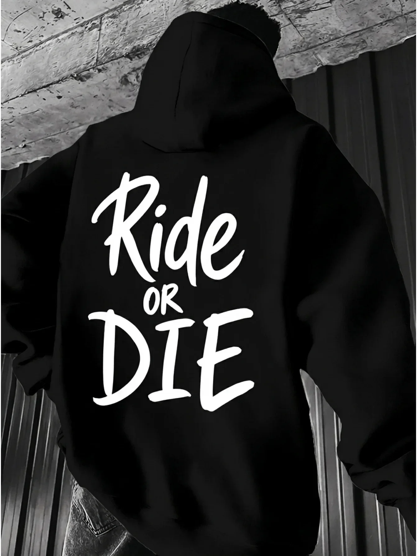 Men's Ride Or Die Cursive Script Text Back Hoodie Simple White Handwritten Font Slogan Black Casual Long Sleeve Hooded Top