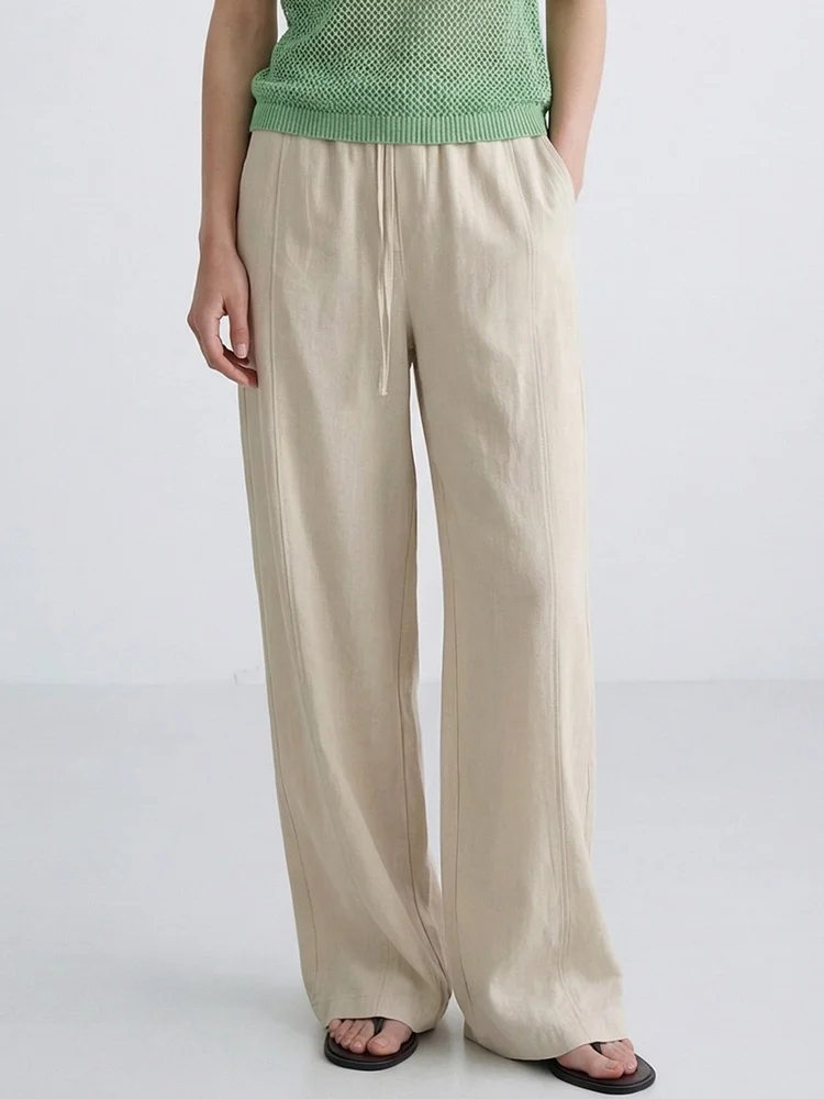 Cotton Summer Pants For Women Wide Leg Blue Trousers With Elastic Band Straight Leg Bottoms White Women's Pants Summer Loose