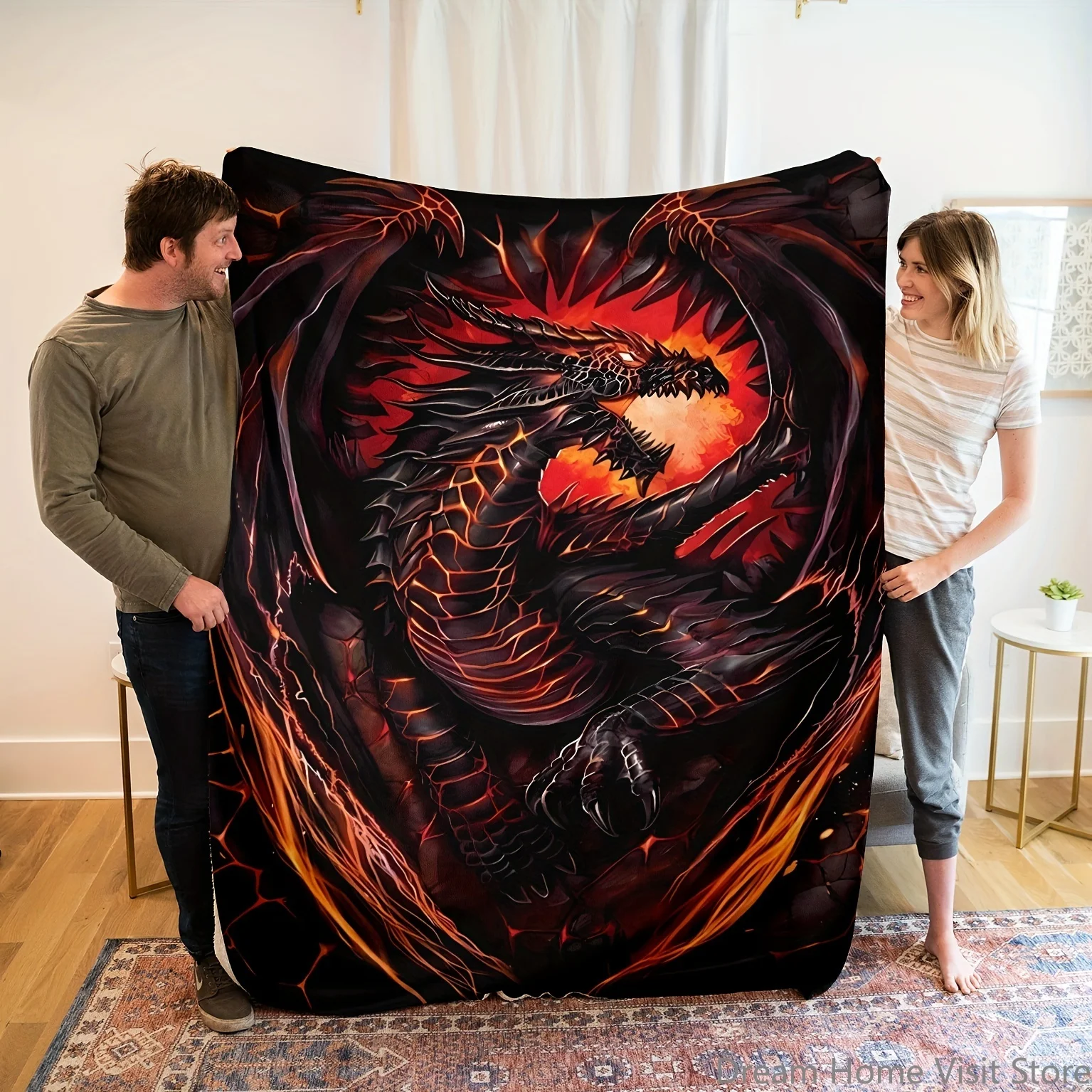 

1PC Flannel Dragon Print Throw Blanket Soft Blanket for Sofa, Bed, Travel, Camping, Living Room, Office, Couch, Chair, and Bed