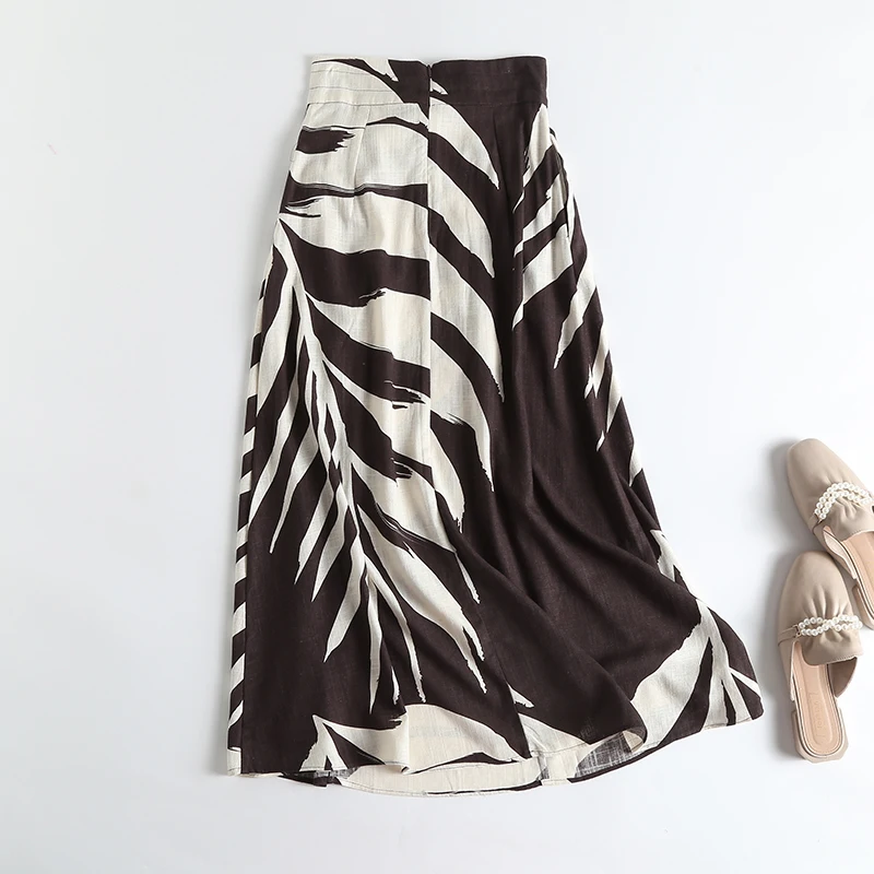 กระโปรงผ้าลินินลายป่าฝนเขตร้อนทรงเอไลน์เอวสูงผูกโบว์ ความยาวปานกลางสำหรับผู้หญิง