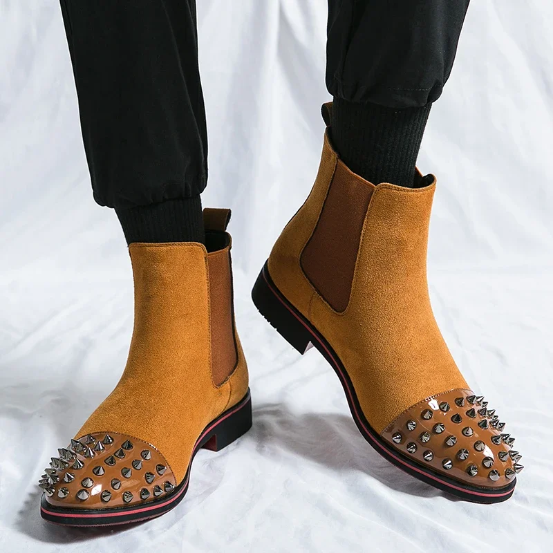 New Brown Men Chelsea Boots Flock Rivet Square Toe Red Sole Punk Handmade Men Short Boots Bottes Pour Hommes