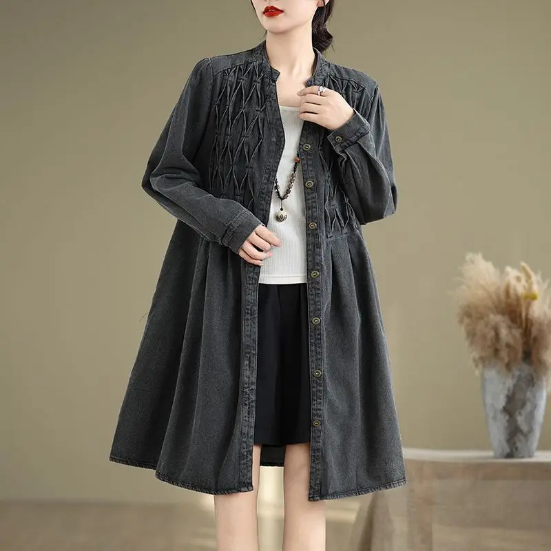 Vintage O Neck Patchwork Printed Denim Coat 2026 Women Autumn Loose Casual Large Edition Medium Long Windbreaker Jackets Outwear