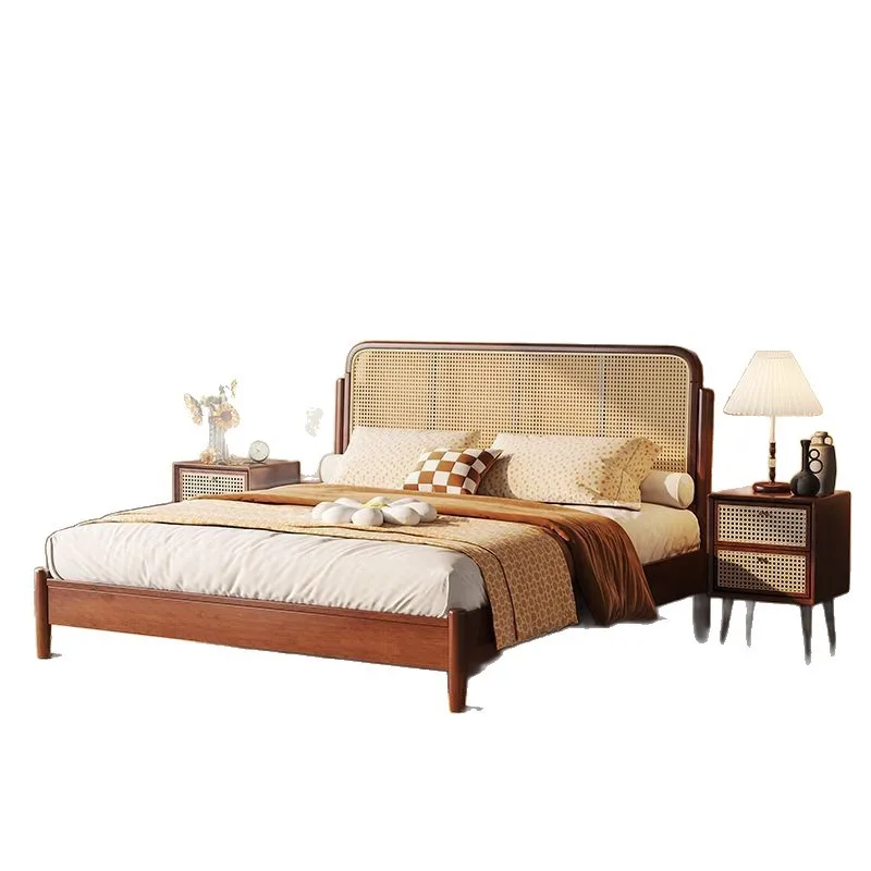 Nordic solid wood rattan bed 1.8m double bed rattan bed covered with ancient walnut simple Japanese and breakfast furniture