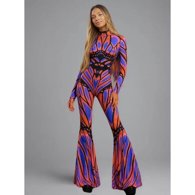 Mehrfarbiger Schlaghosen-Body mit Regenbogen-Effekt, ausgestellter Catsuit für Rave-Partys, Halloween, Schmetterlings-Skelett-Jumpsuit-Outfit 2026 – Detail 18