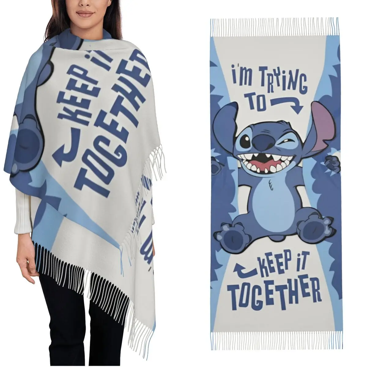 Cute Stitch Trying To Keeping Together Scarf Women Fall Winter Pashmina Shawls and Wrap Cartoon Long Large Scarves with Tassel