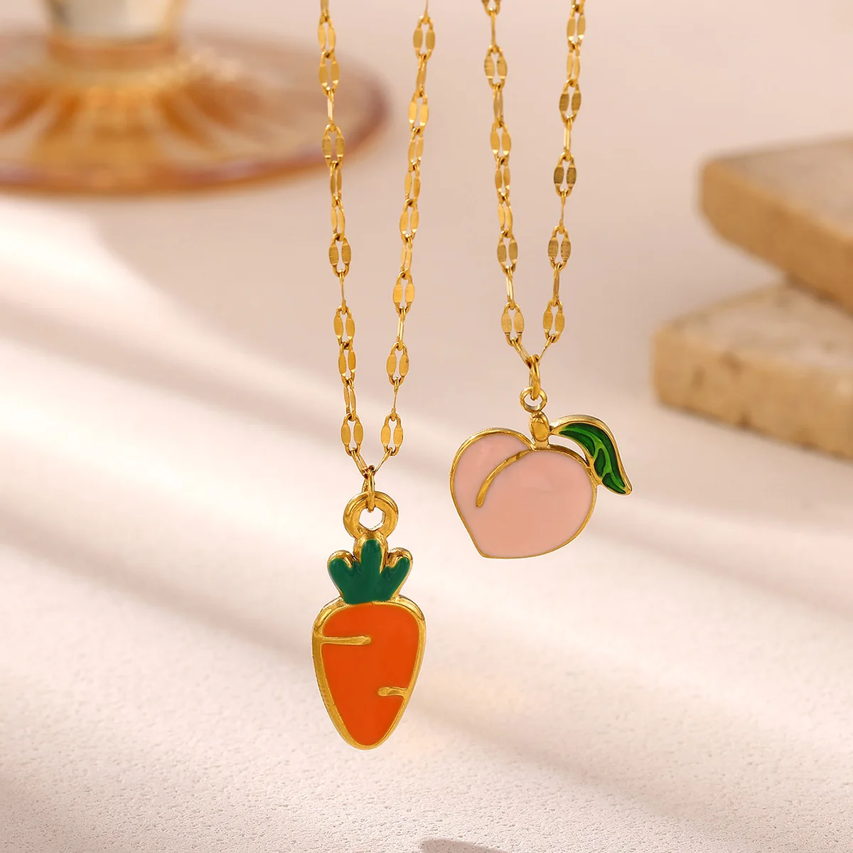 Cute Enamel Carrot Peach Pendant Necklace Gold Color Stainless Steel Fruit Vegetable Charm New Friendship Jewelry Gift For Women
