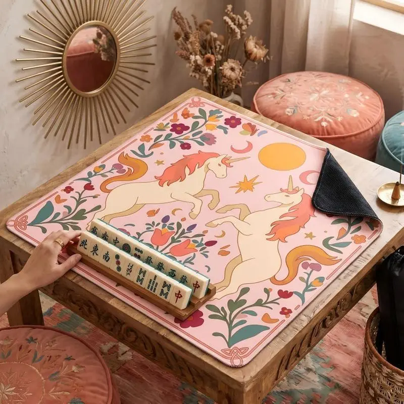 VIKAMA Pink Sun Moon Unicorn Floral Mahjong Mat Double Sided Girly Family Party Mahjong Poker Pad Non Slip Shock Absorb
