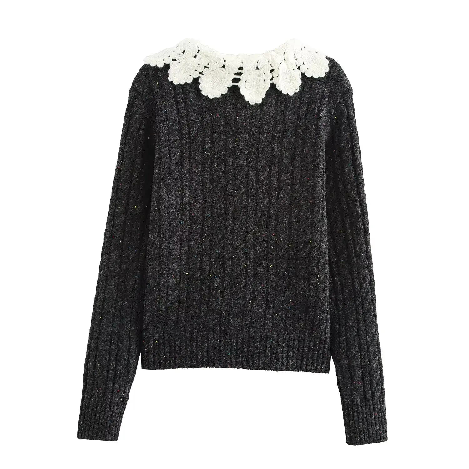 

ЖЕНЩИНА 2025 г., новая мода, ленивый ветер, контрастный цвет, вязаный крючком воротник, вязаное пальто, шикарный кардиган на пуговицах с длинными рукавами Mujer