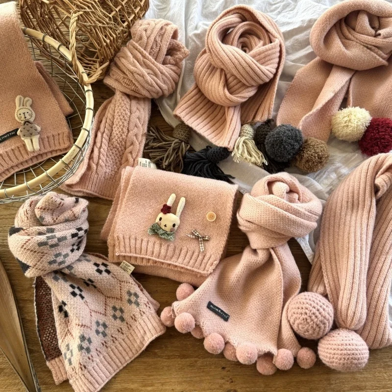 Bufanda de punto suave para niños, 8 estilos, rosa Pastel, pompón de conejo 3D texturizado, accesorio cálido de invierno para niñas pequeñas