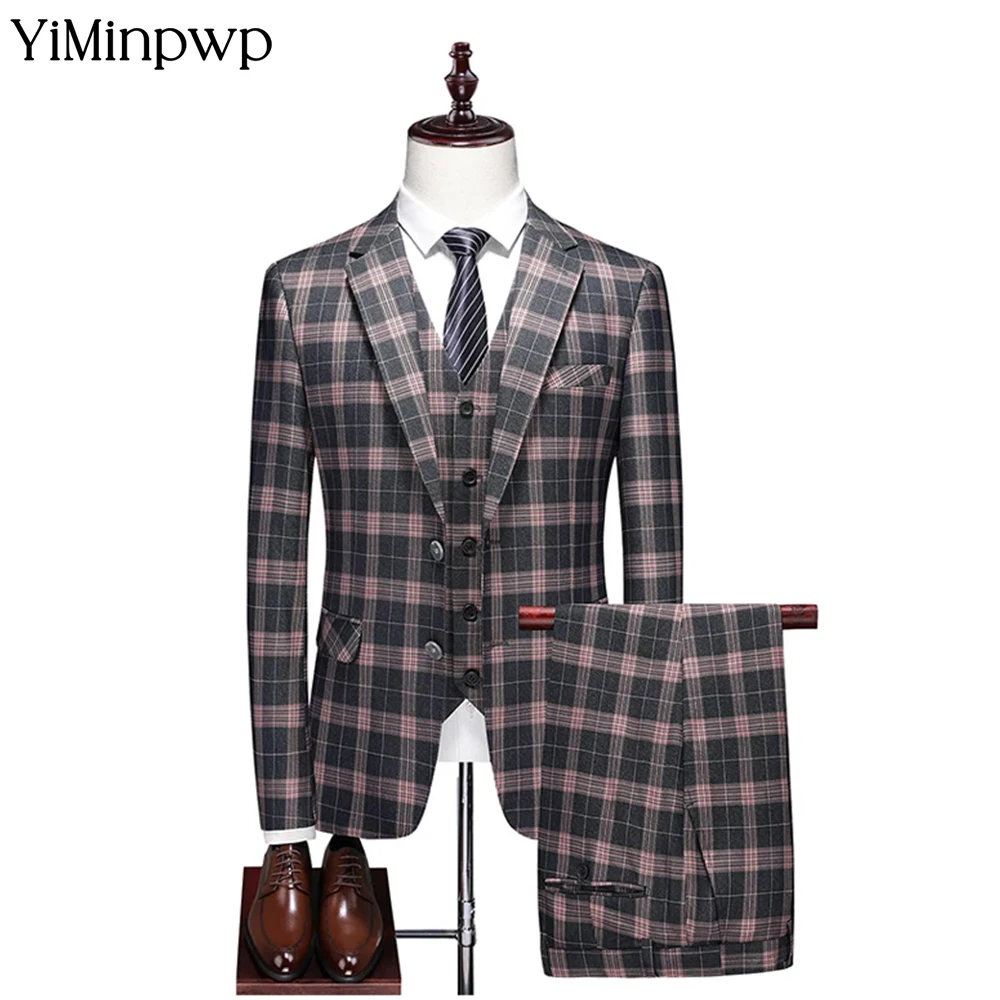 

Men's 3 Piece Suits Bussiness Formal Notch Lapel Groomsmen Woolen Plaid Tuxedos for Party Activities Wedding Customized