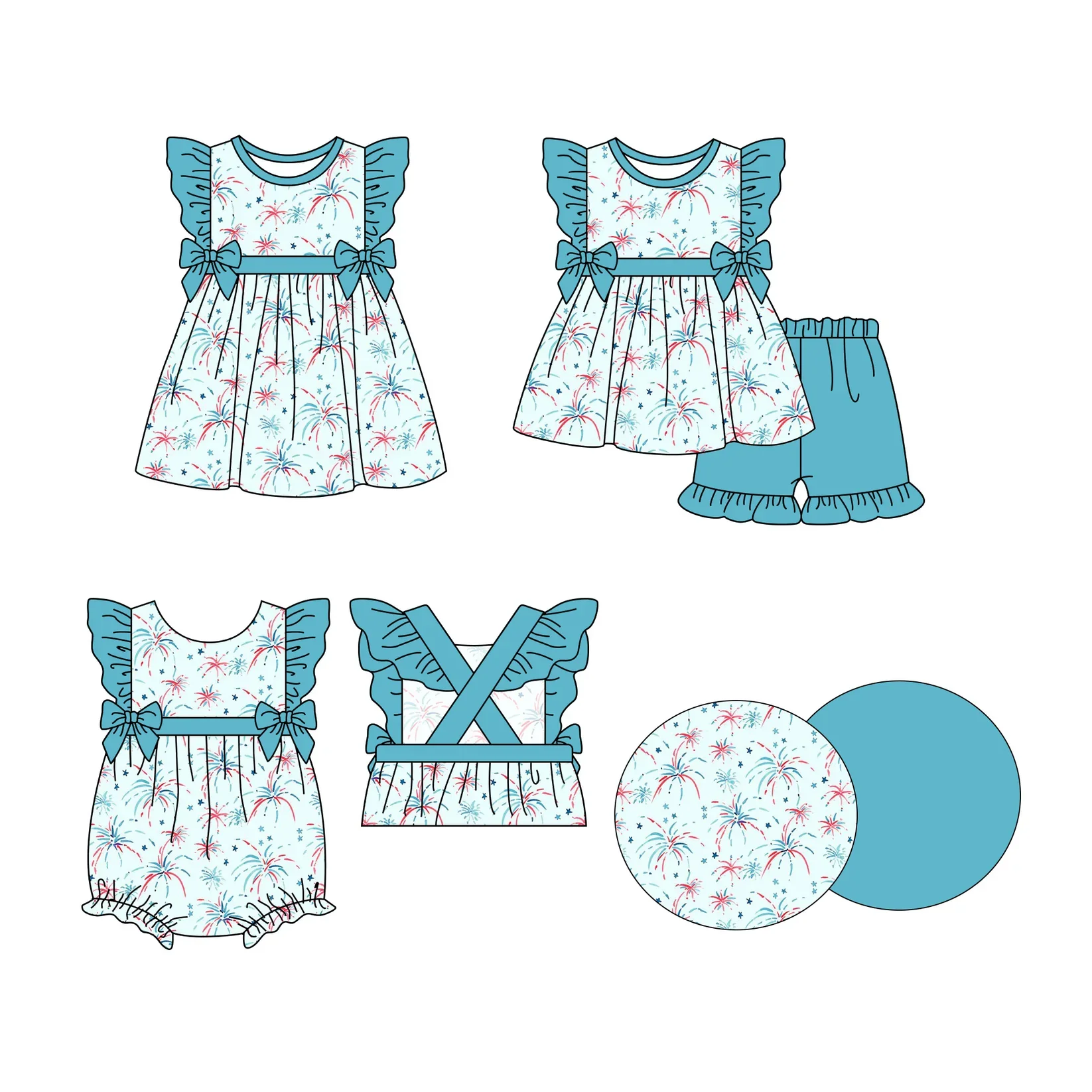 Summer July 4th Baby Boutique Children's Clothing Fireworks Girls Outfit Matching Bodysuit Ruffle Shorts Set children's for girl