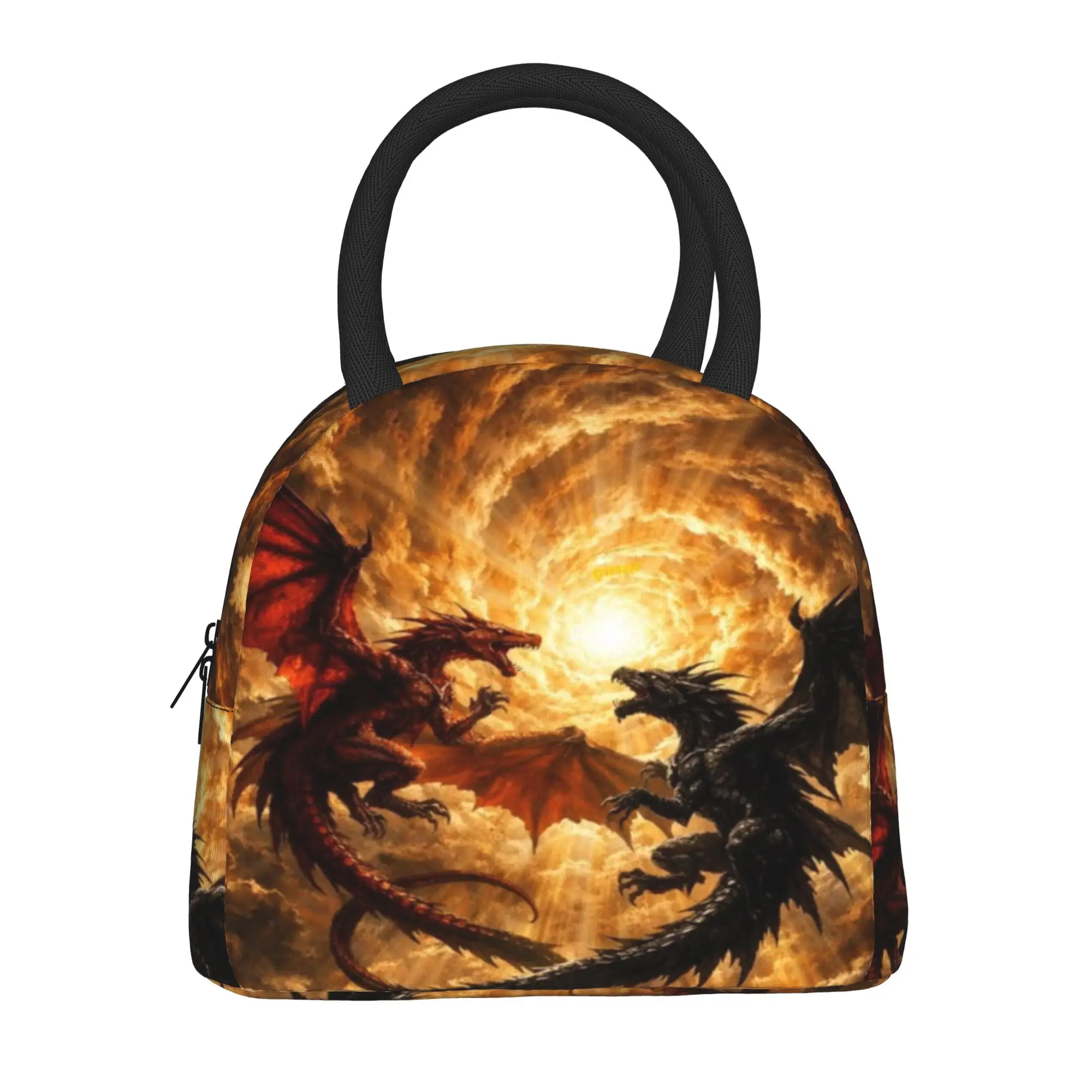Back to school season  Picnic Bag Dual Dragons Fiery Vortex Art Large Capacity Casual Personalised Lightweight Lunch Bag