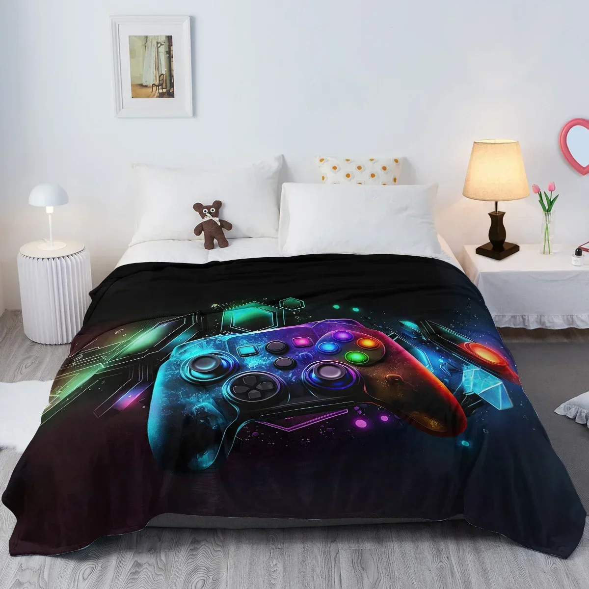 Red Blue Lightnings Gamepad Printed Throw Blanket Plush Fluffy Flannel Fleece Blanket Soft Throws for Sofa Couch and Bed