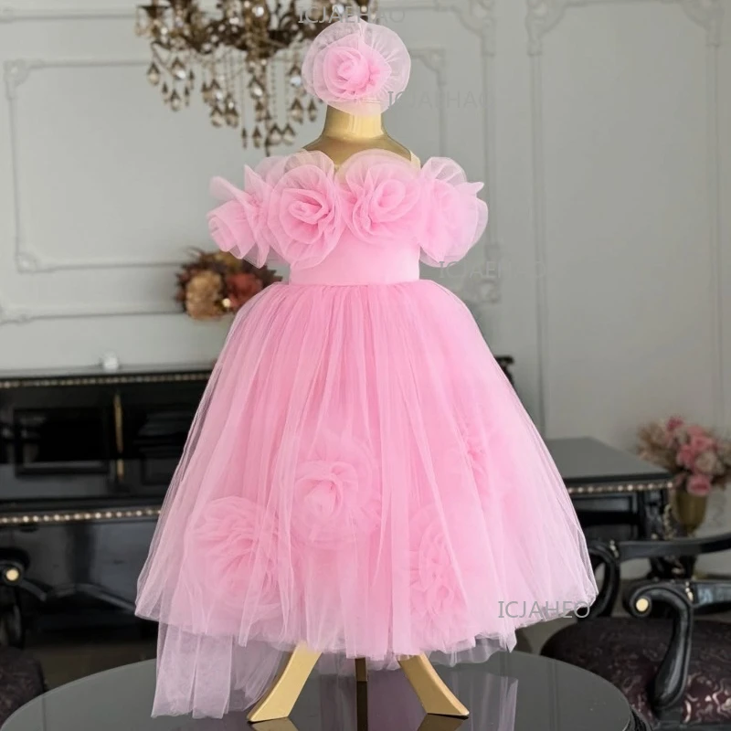 2026 Kids New Pink Floral Off Shoulder Formal Princess Tulle Party Gown Children Elegant Costume Dress Baby Girl First Birthday