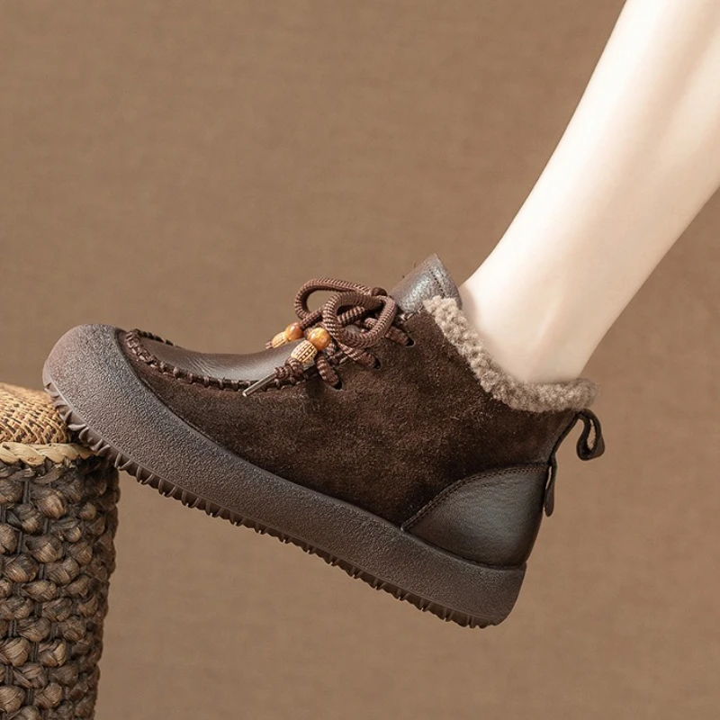الجدة الدانتيل يصل جلد طبيعي الشتاء المرأة حذاء من الجلد الربط قصيرة أفخم تصميم مريح أحذية بوت قصيرة خفيفة الوزن عارضة الأحذية #5