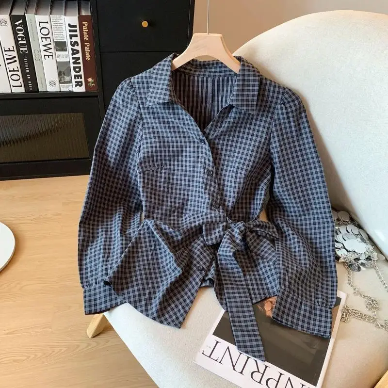 

Новинка 2023 года, осенние топы для женщин, клетчатые рубашки в стиле ретро, женские универсальные кардиганы с поясом на талии