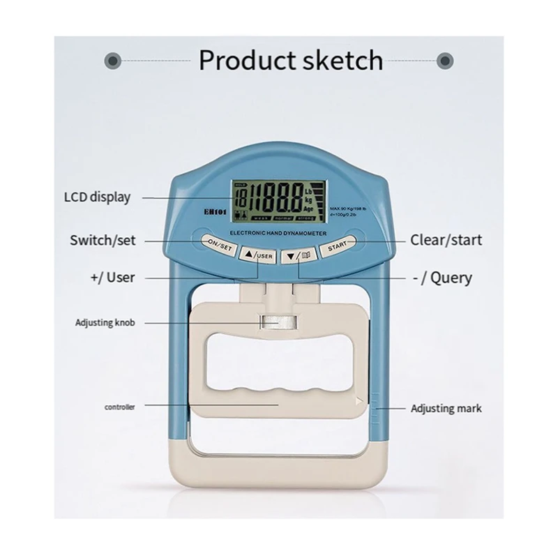 Medidor de fuerza de agarre, dinamómetro de mano Digital, pantalla LCD USB, duradero, 190Lbs/90Kg