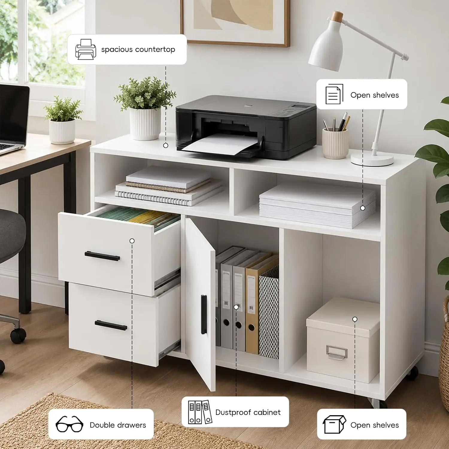 Farmhouse 2-Drawer Wooden Lateral File Cabinet with Wheels, Open Storage Printer Stand for Home Office, Customized