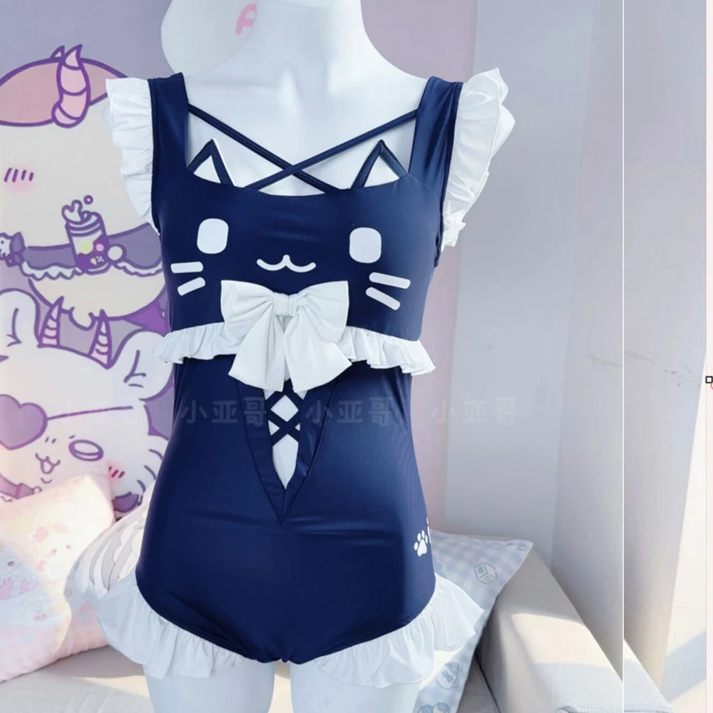 Japanese Women's Sweet and Cute Kawaii Bikini Lace Bow Cat Collar One-Piece Swimsuit Cute Girl Sweet Ruffled Edges 2026 New Item view 5