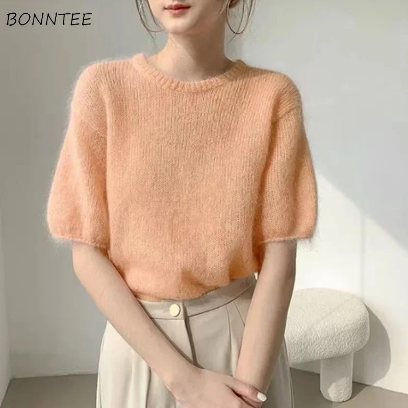 Pullovers Women Simple Casual Spring All-match Lazy Short Sleeve Knitwear O-neck Fashion Japanese Style Office Lady Temperament