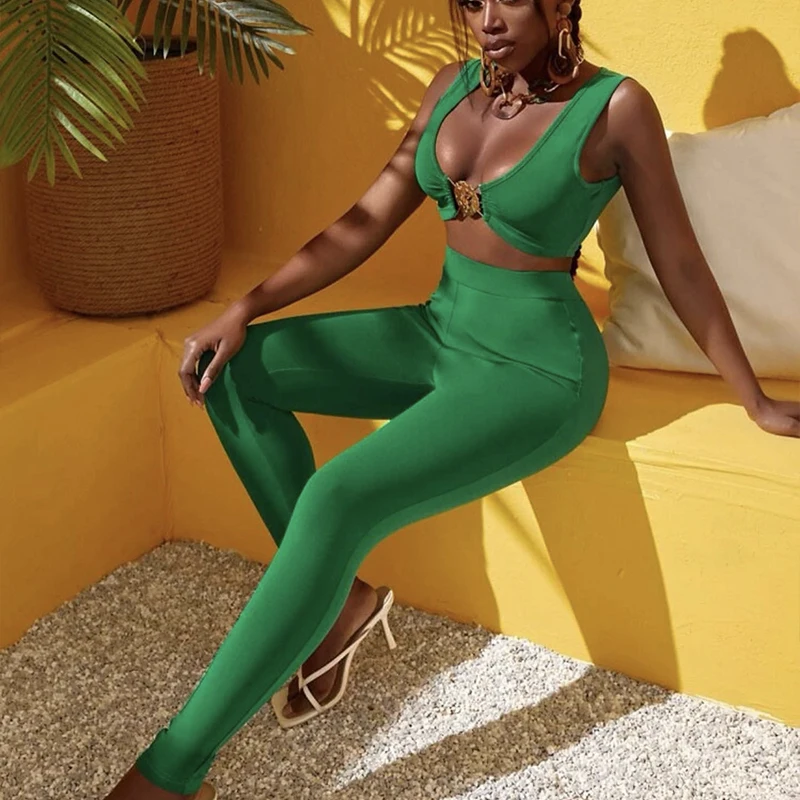 Factory Wholesale women's Wear Green V-Neck Bandage Top&trousers Elastic Skinny Sexy Two Piece Set Celebrity Party Sets