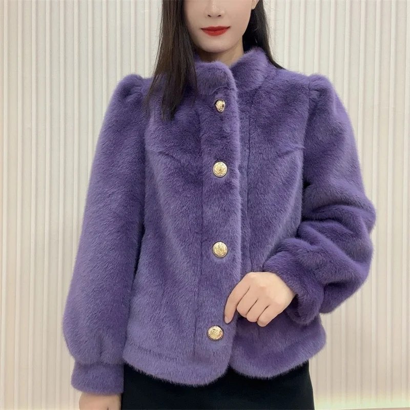 Bubble Sleeve Autumn Winter New Woolen Coat Imitation Fur Coat Environmentally Friendly Fashion Collar Mao Mao Mink Fur Coat