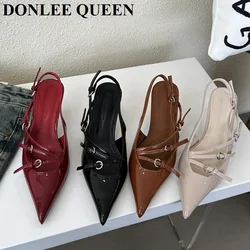 2024 Fashion Slingback Sandals Shoes Women Med Heel Pumps Elegant Pointed Toe Mule Dress Brand Slides Narrow Band Sandalia Mujer