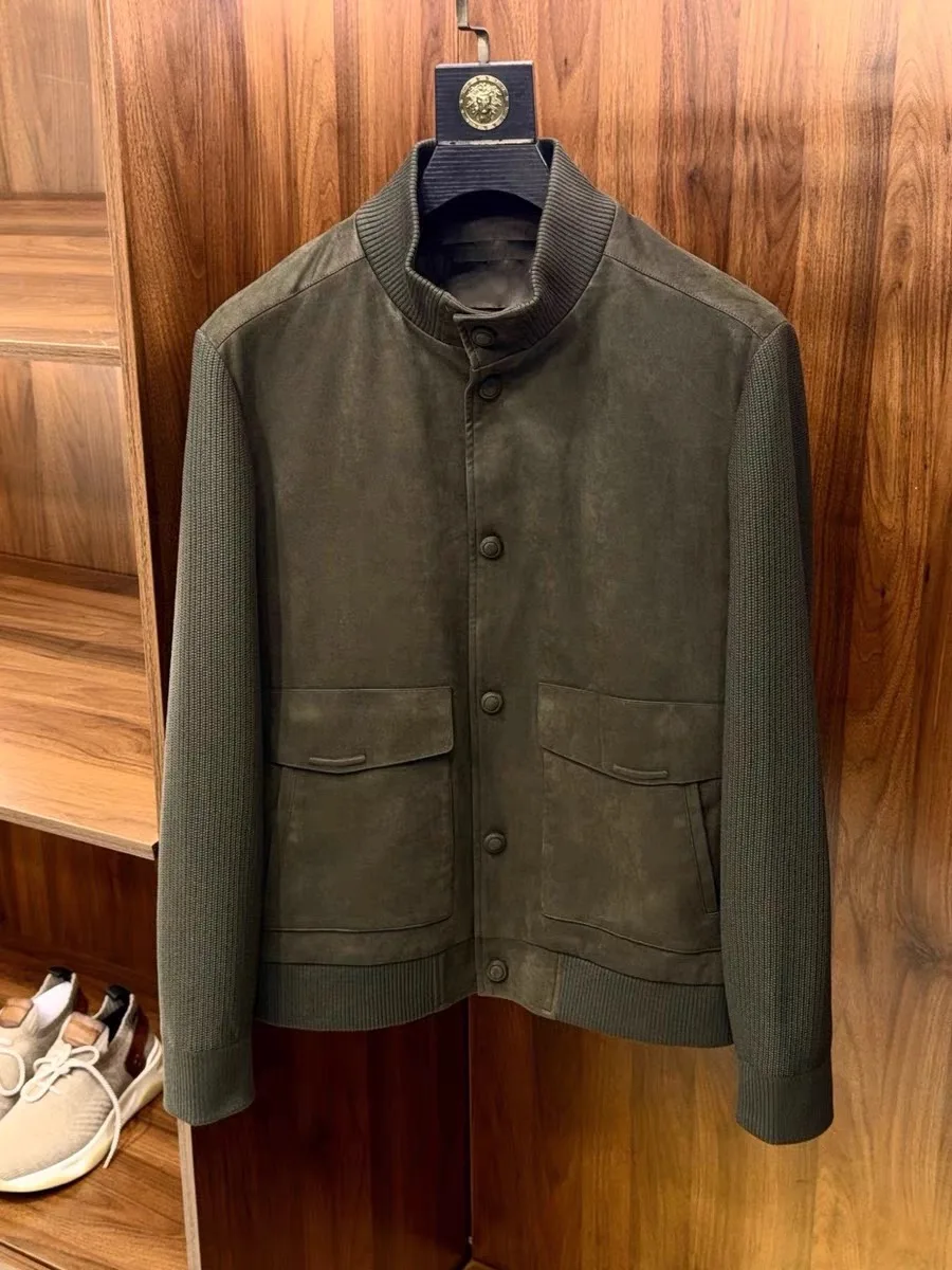 

Осень-зима, мужское вязаное шерстяное кожаное пальто с воротником-стойкой, повседневное деловое пальто из кожи оленя, бархатное длинное пальто-стойка