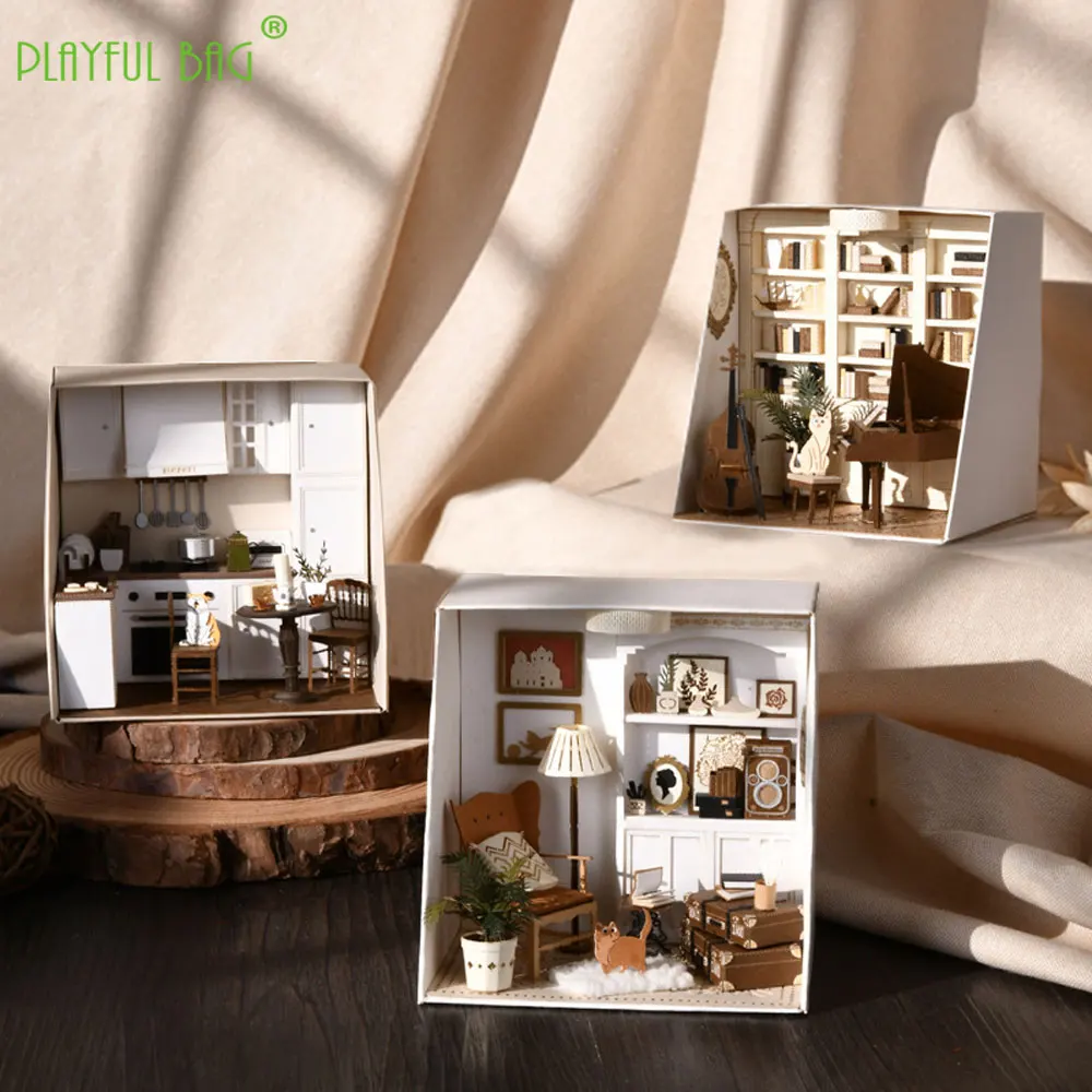 Diy papel mini casas de boneca em miniatura bloco de construção kits sala estudo piano 3d papel arte decoração para casa crianças brinquedos presentes hg89