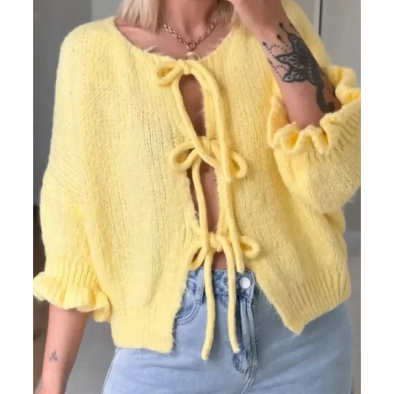 Elegant Lace-up Knitted Cardigan Half Sleeve Casual Sweater O Neck Slim Fit Women Coat 2024 Autumn New Lady Knit Outerwear