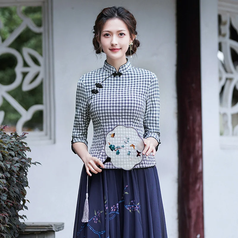 

Sheng Coco Chinese Style Lattices Sets Chinese Traditional Women Clothing New Improved Cheongsam Top Suit Slim Plaid Blouse Sets