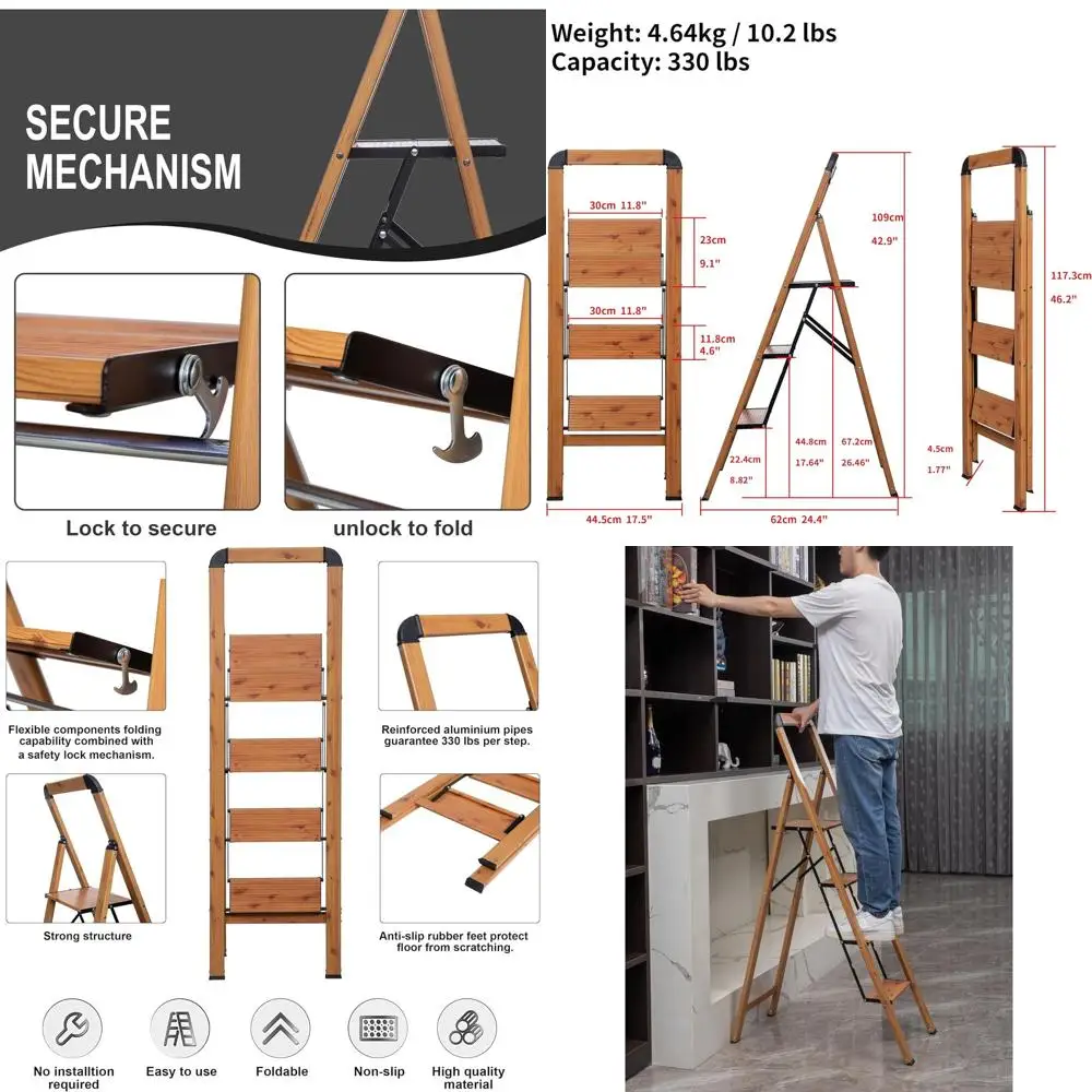 Step Ladders 3-Step Woodgrain Finish Aluminum Folding Step Stool Wide Pedal,Anti-Slip Portable Sturdy for Home & Kitchen Office