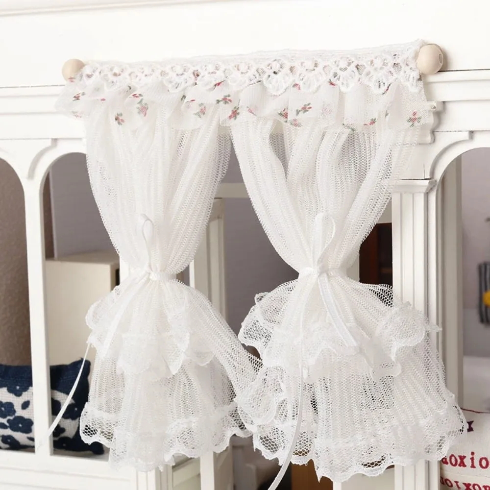 1/12 Dollhouse Sweet Floral Curtains Model Double Layered Lace Mesh Simulation Floral Curtains White 150*150mm