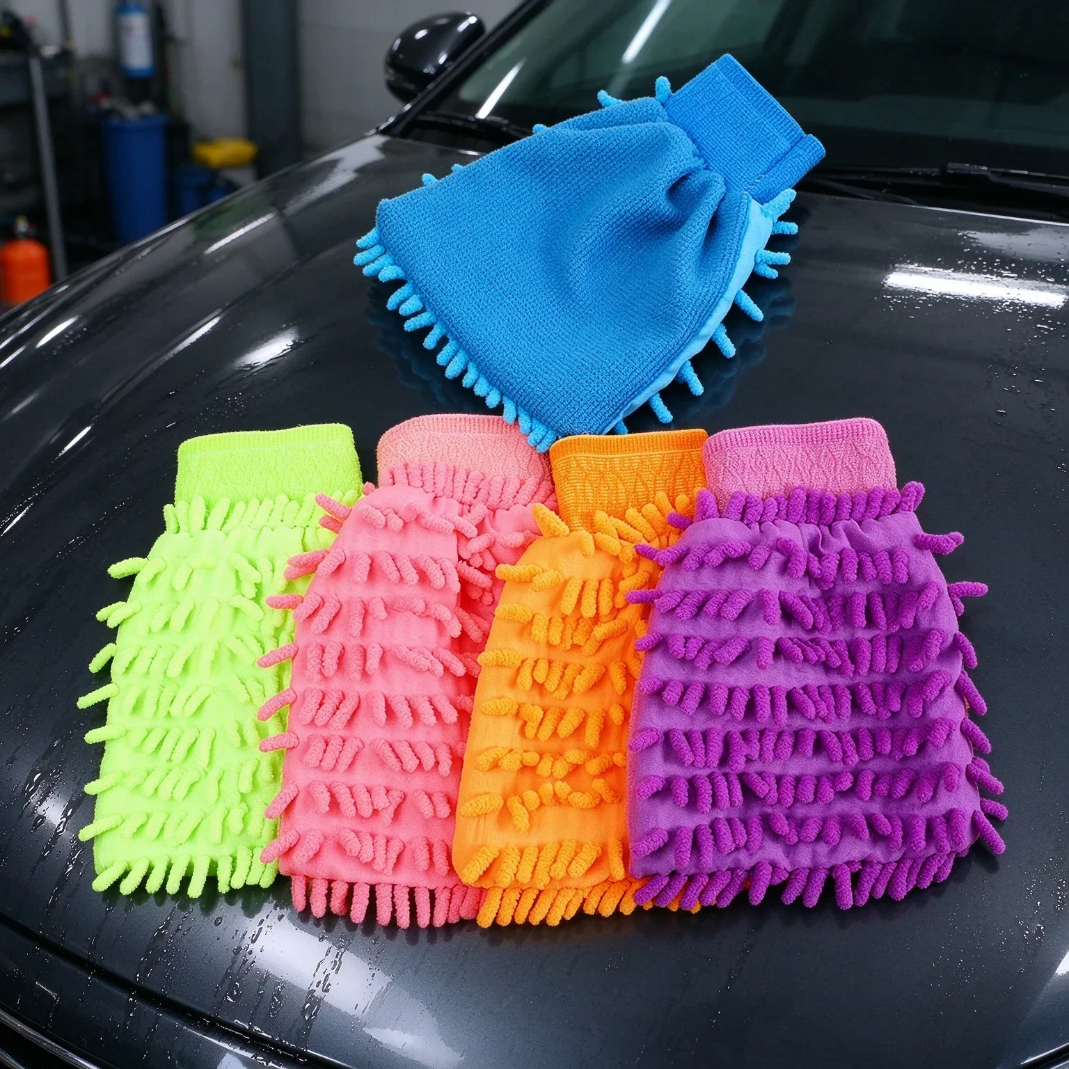 Multicolor Chenille Cleaning Mitt Short Pile for Car Washing & Household Use