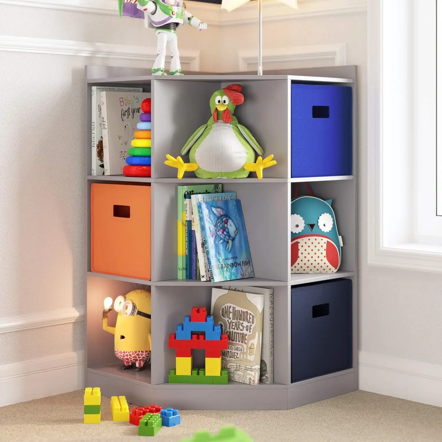 Kids Toy Storage Corner Cabinet  6 Cubbies & 3 Angled Shelves - Gray Toy Shelf Cubby Corner Storage Shelf Playroo