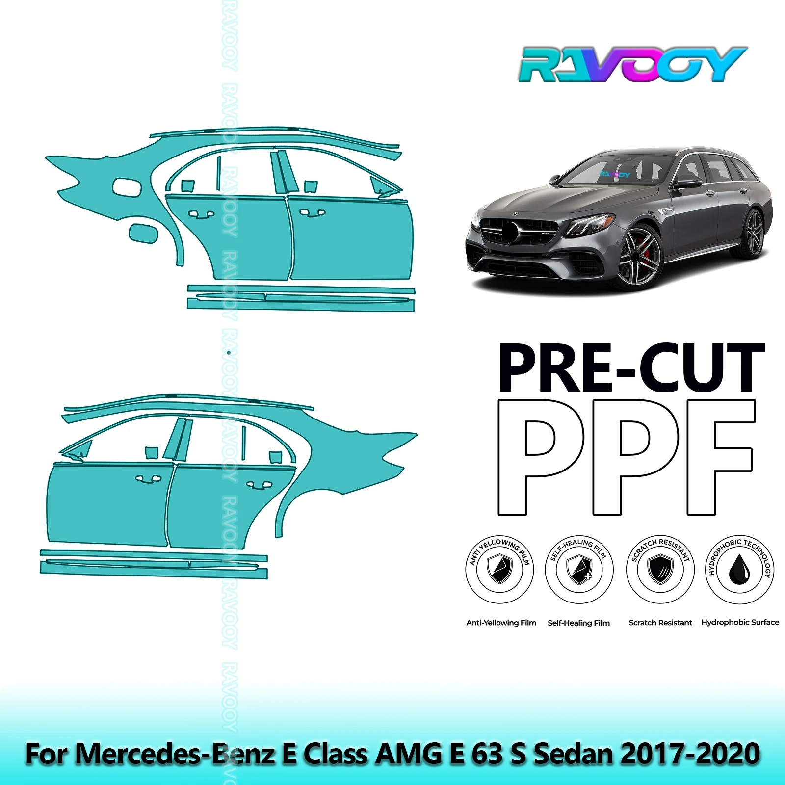 

For Mercedes-Benz E Class AMG E 63 S Sedan 2017-2020 8.5mil Pre-Cut PPF Door & A/B Pillar Kit TPU Paint Protection Film Set