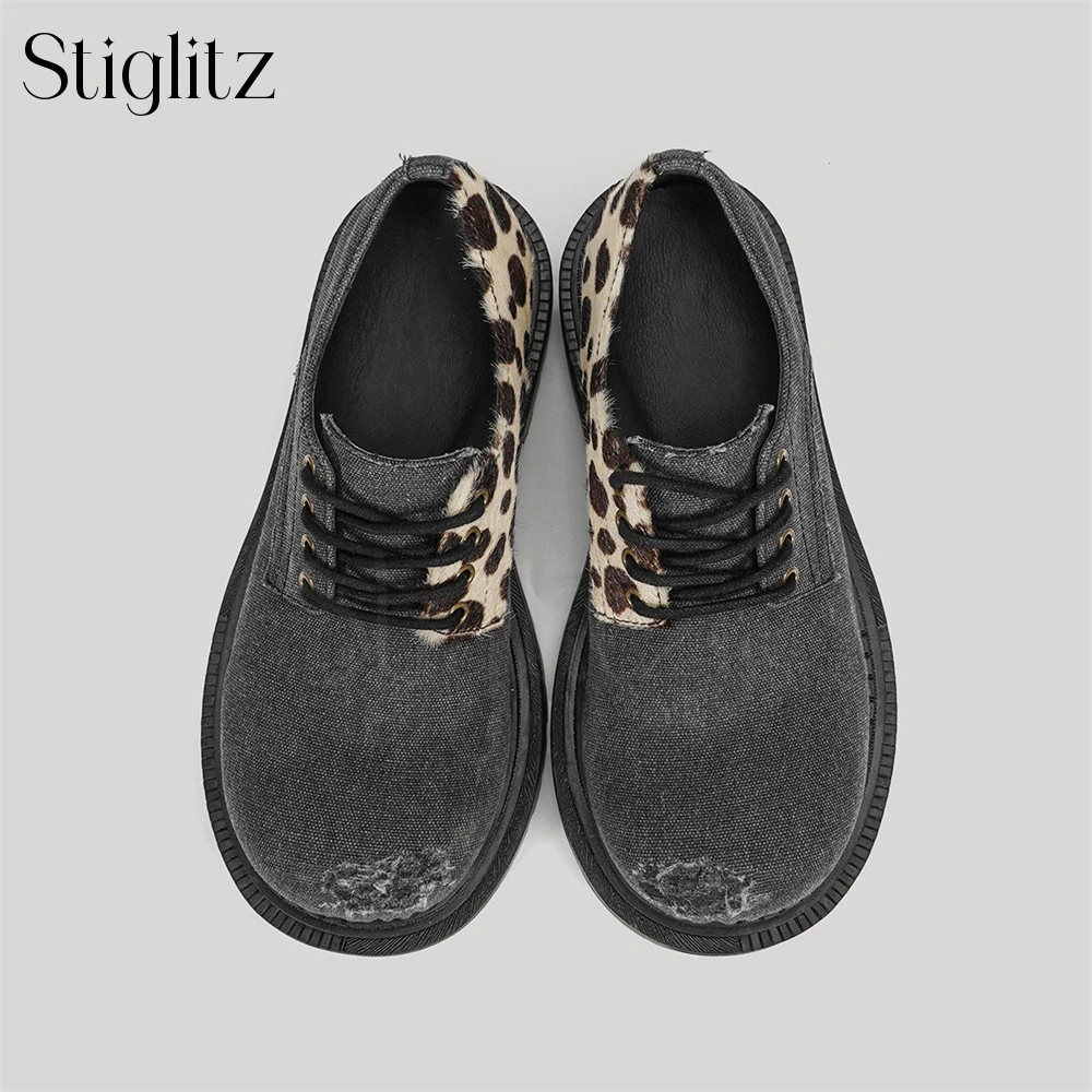 Ripped Canvas Derby Shoes for Men Novel Style Exaggerated Big Round Toe Lace-Up Shoes Leopard Print Fashionable Casual Shoes New